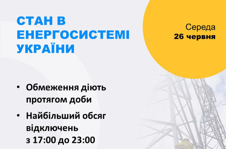 Укренерго: Стан енергосистеми 26 червня 2024 року
