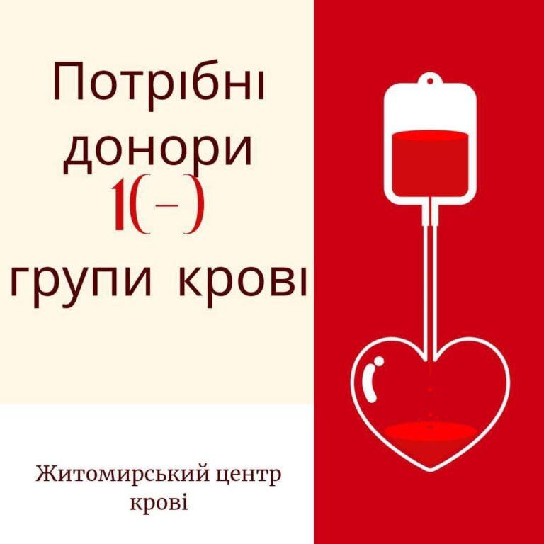 Житомирський центр крові потребує донорів 1(-) групи крові. Наразі її критично не вистачає