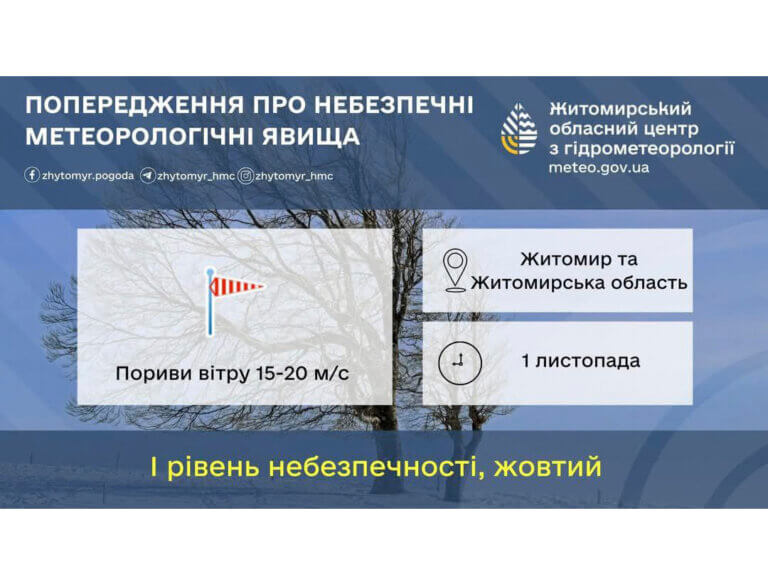 За прогнозом Житомирського обласного центру з гідрометеорології очікуються пориви західного вітру