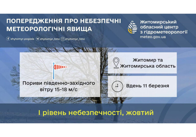 Сьогодні вдень, 11 березня, в Житомирській області та м. Житомирі очікуються пориви північно-західного вітру 15-20 м/с ( І рівень небезпечності – жовтий)