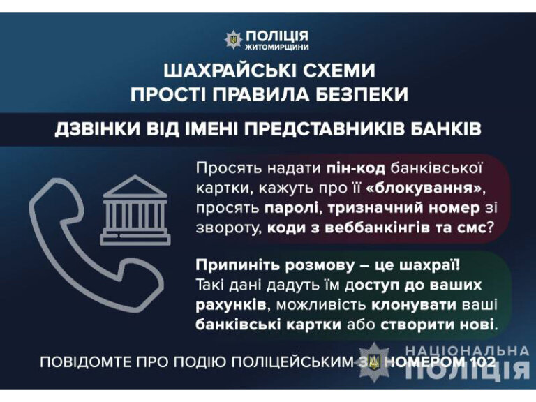 Поліція Коростенщини застерігає від шахрайської схеми «дзвінок від працівника банку»