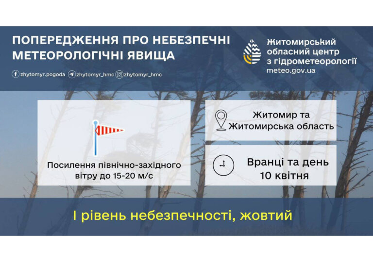 Житомиробленерго: в м. Житомирі вранці та вдень очікується посилення вітру