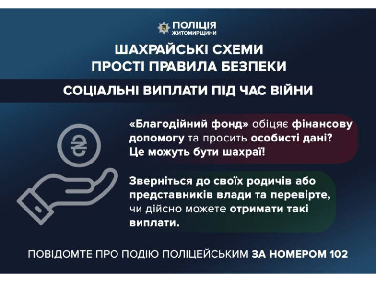 Звягельські поліцейські нагадують: фінансові виплати від міжнародних фондів не рекламують у соціальних мережах
