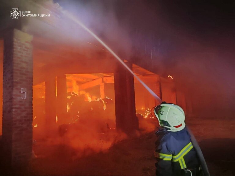 На Коростенщині рятувальники вночі гасили пожежу в бетонному піднавісі, де зберігається сіно