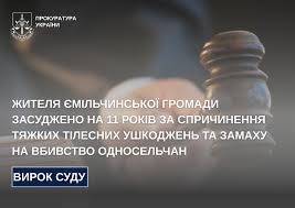 Жителя Ємільчинської громади засуджено на 11 років за спричинення тяжких тілесних ушкоджень та замаху на вбивство односельчан