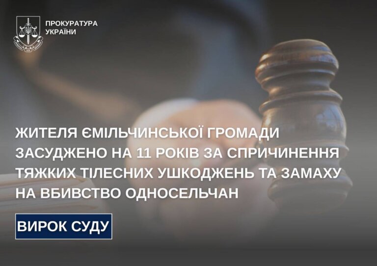 Жителя Ємільчинської громади засуджено на 11 років за спричинення тяжких тілесних ушкоджень та замаху на вбивство односельчан