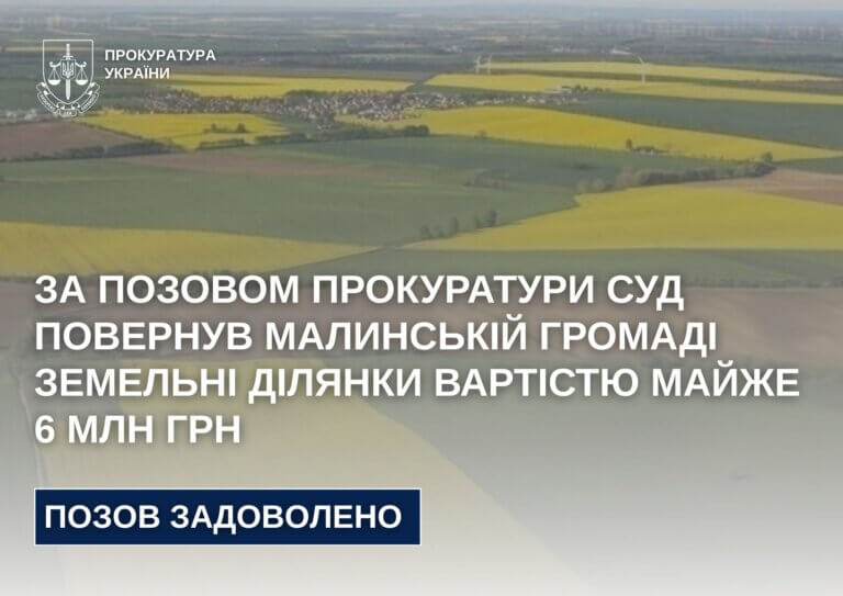 За позовом прокуратури суд повернув Малинській громаді земельніділянки вартістю майже 6 млн грн