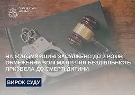 На Житомирщині засуджено до 2 років обмеження волі матір, чия бездіяльність призвела до смерті дитини