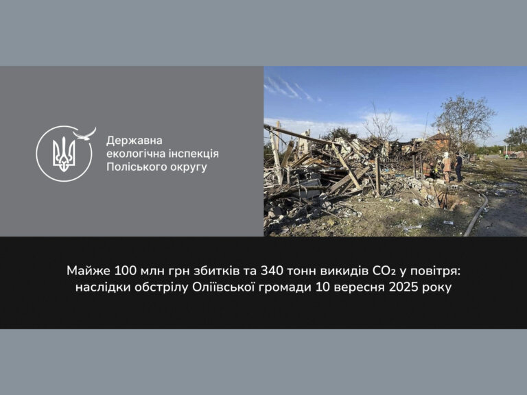 Внаслідок російського удару по Житомирщині в атмосферу потрапило понад 340 тонн діоксиду вуглецю, збитки довкіллю становлять майже 100 млн грн