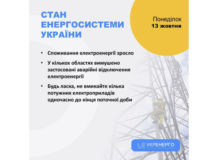Укренерго: У кількох областях вимушено застосовані аварійні відключення електроенергії