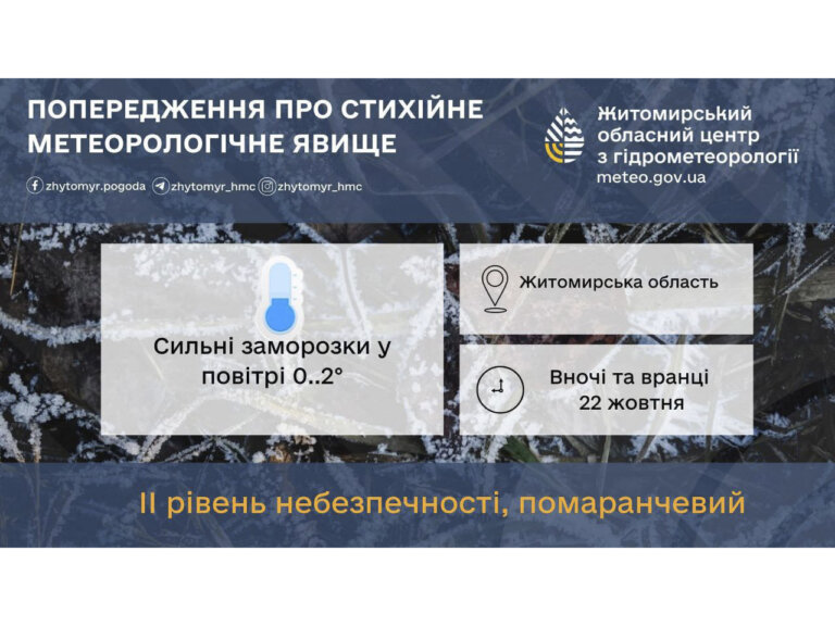 На Житомирщині вночі та вранці 22 жовтня будуть сильні заморозки – 0–2° у повітрі