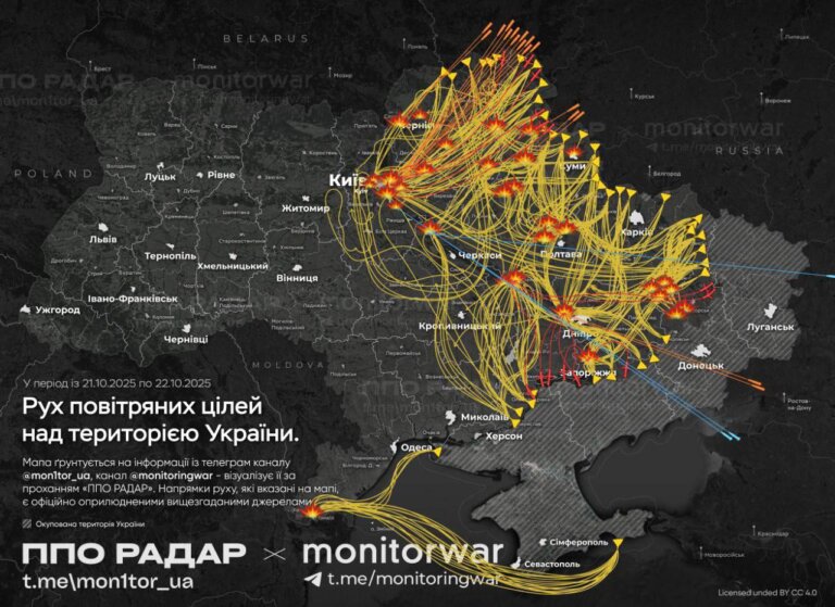Орієнтовний маршрут ракет і БпЛА рф протягом ночі та ранку