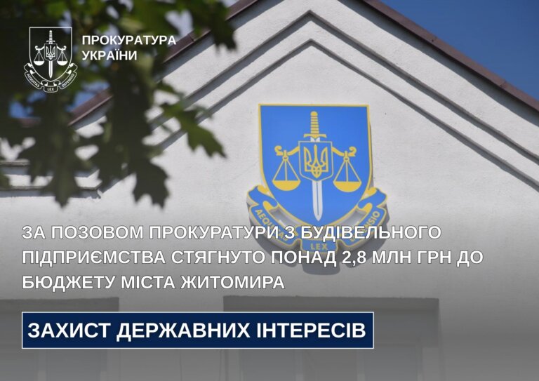За позовом прокуратури з будівельного підприємства стягнуто понад 2,8 млн грн до бюджету міста Житомира