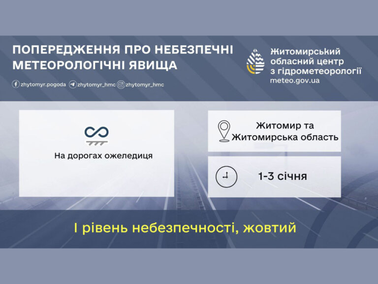 1-3 січня на дорогах м. Житомира та області утримається ожеледиця (І рівень небезпечності жовтий)