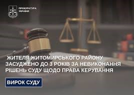Жителя Житомирського району засуджено до 3 років за невиконання рішень суду щодо права керування