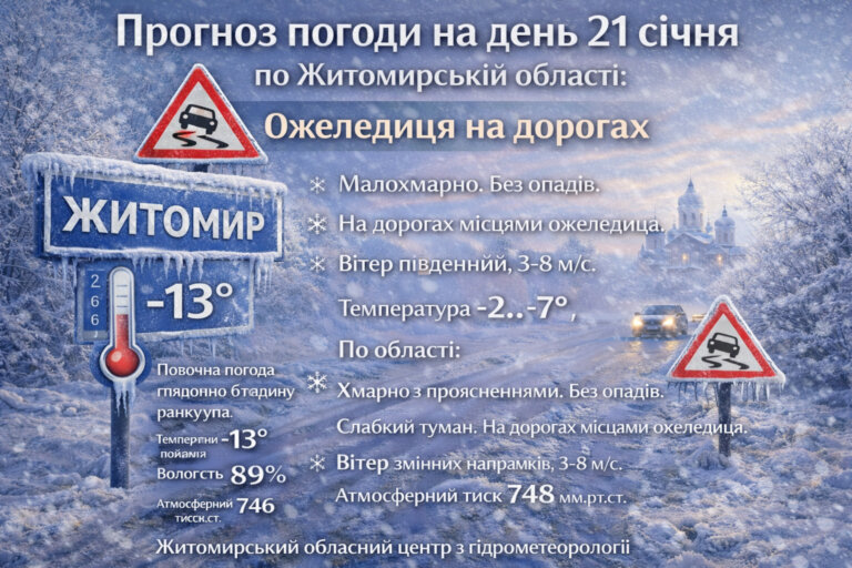 Прогноз погоди на день 21 січня по Житомирській області