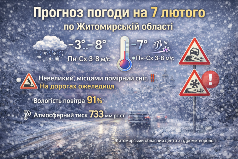 Прогноз погоди на день 7 лютого по Житомирській області