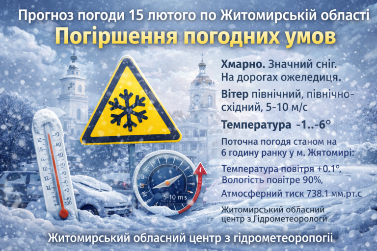 Прогноз погоди на день 15 лютого по Житомирській області: Погіршення погодних умов