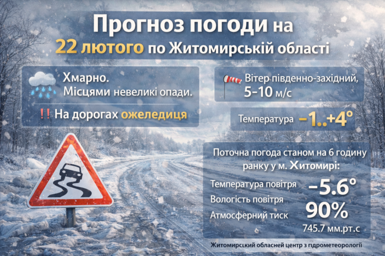 Прогноз погоди на день 22 лютого по Житомирській області