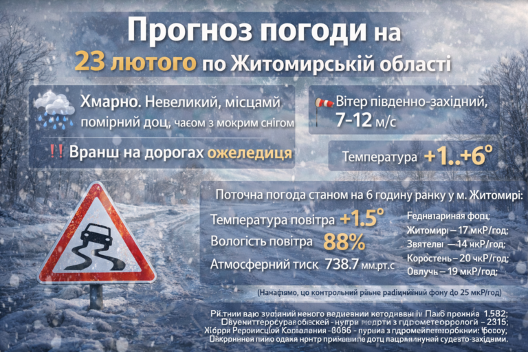 Прогноз погоди на день 23 лютого по Житомирській області