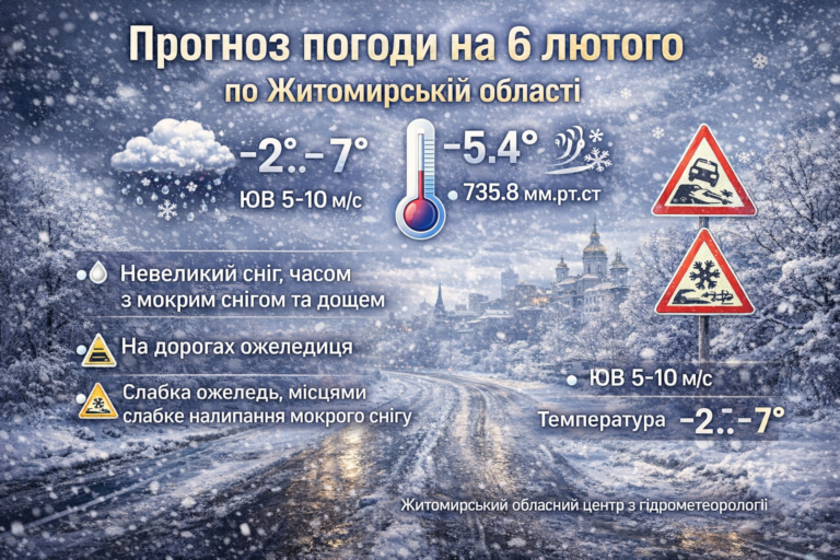 Прогноз погоди на день 6 лютого по Житомирській області