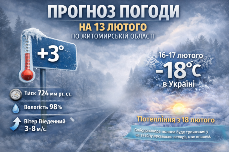 Прогноз погоди на день 13 лютого по Житомирській області
