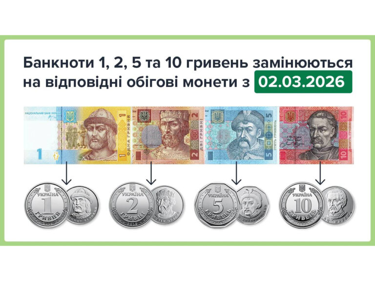 Із 2 березня банкноти номіналами 1, 2, 5 та 10 гривень зразків 2003–2007 років перестають бути платіжним засобом і будуть повністю замінені на монети, — НБУ