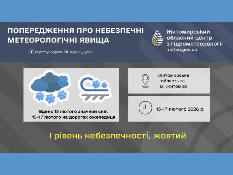 Вдень 15 лютого у Житомирській області та м. Житомирі значний сніг 15-17 лютого на дорогах ожеледиця!