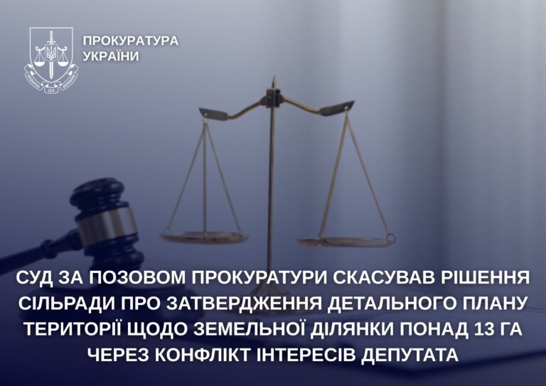 Суд за позовом прокуратури скасував рішення сільради про затвердження детального плану території щодо земельної ділянки понад 13 га через конфлікт інтересів депутата