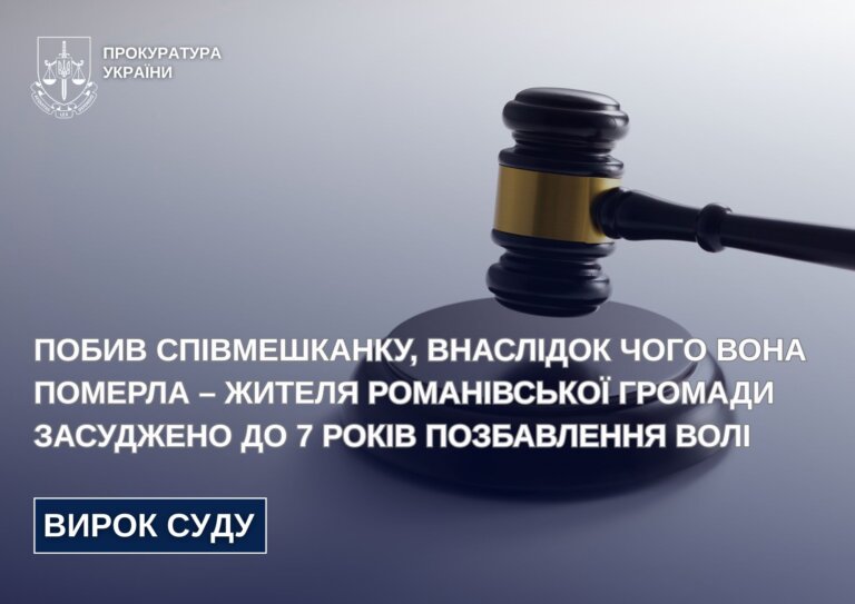 Побив співмешканку, внаслідок чого вона померла – жителя Романівської громади засуджено до 7 років позбавлення волі