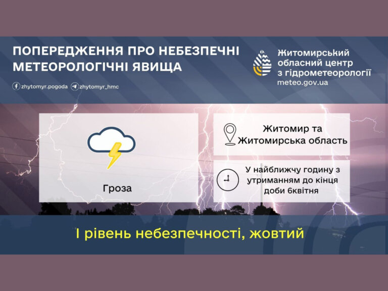 В найближчу годину з утриманням до кінця дня 6 квітня у Житомирській області та у місті Житомирі гроза (І рівень небезпечності – жовтий)