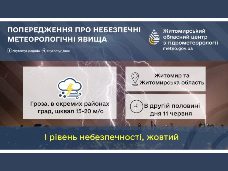 Гроза та сильний вітер очікуються завтра на Житомирщині!