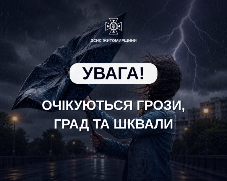 За даними Житомирського обласного центру з гідрометеорології, у другій половині дня 11 червня на території Житомирської області та м. Житомира очікується гроза