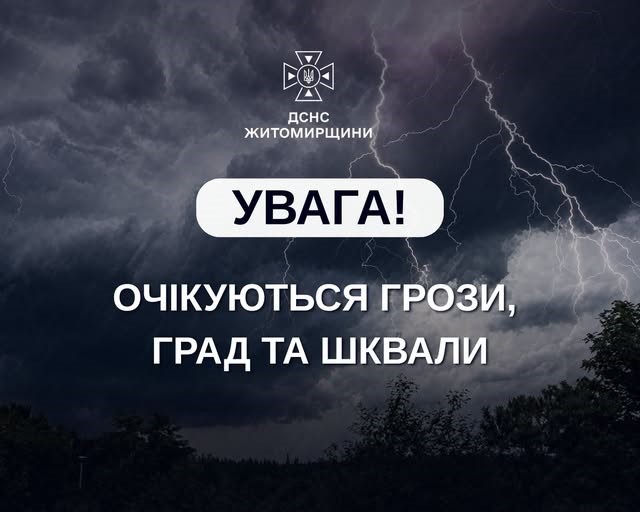 Увага! У Житомирі та області у найближчу годину очікуються грози, шквали та можливий град