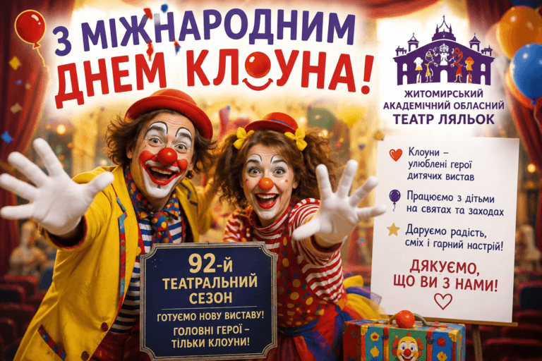 Сміх, який об’єднує покоління: Житомирський театр ляльок вітає з Міжнародним днем клоуна