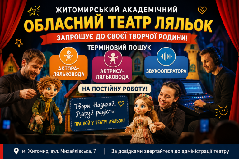 Житомирський академічний обласний театр ляльок запрошує до своєї творчої родини!