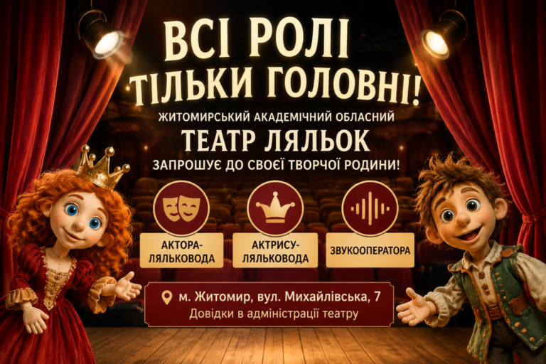 «Всі ролі тільки головні!»: Житомирський театр ляльок запрошує до творчої родини