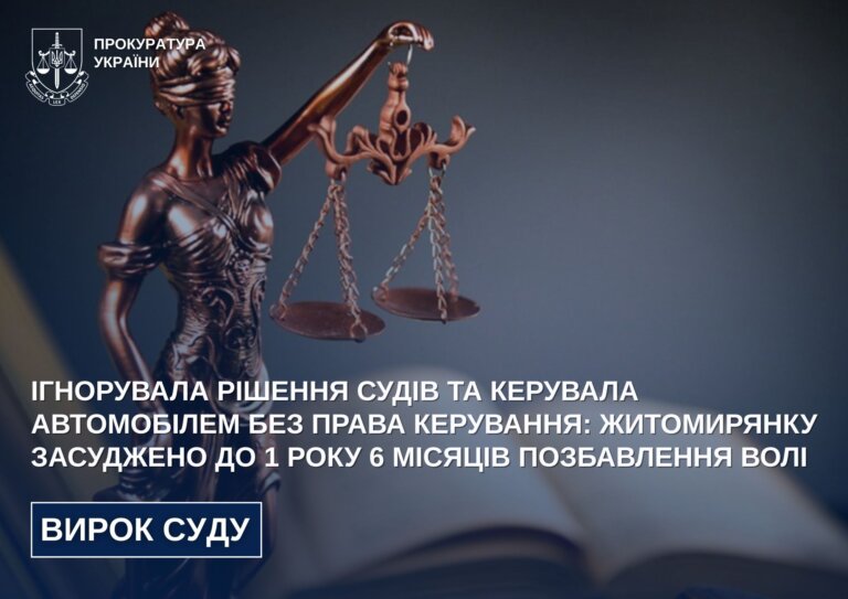 Ігнорувала рішення судів та керувала автомобілем без права керування: житомирянку засуджено до 1 року 6 місяців позбавлення волі