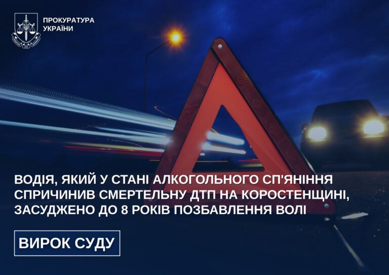 Водія, який у стані алкогольного сп’яніння спричинив смертельну ДТП на Коростенщині, засуджено до 8 років позбавлення волі