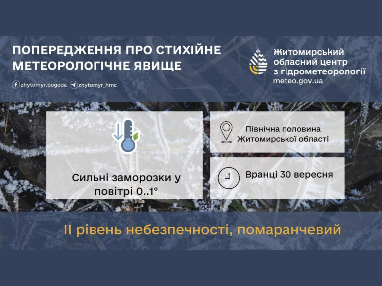 Вранці 30 вересня у північній половині Житомирської області сильні заморозки у повітрі